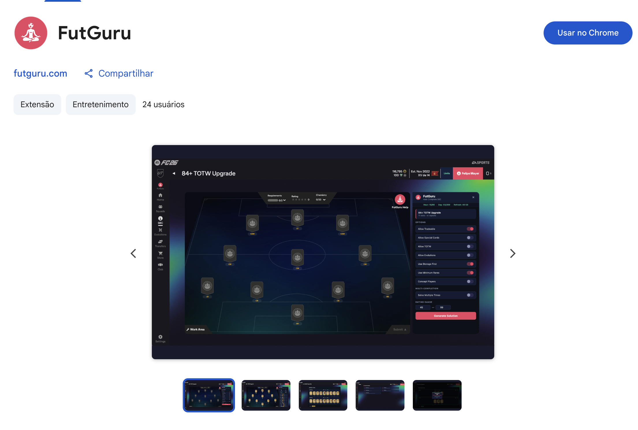 FutGuru Chrome extension in Chrome Web Store